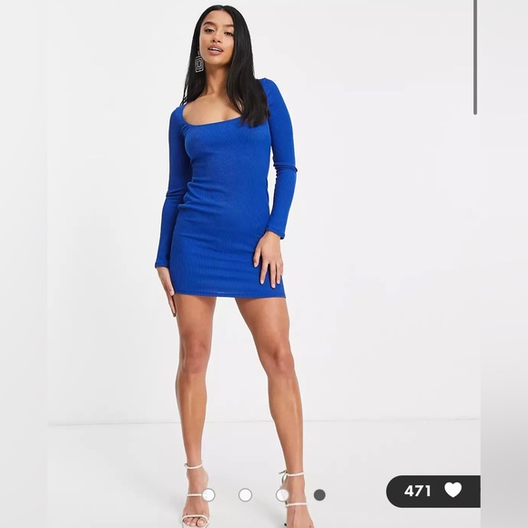 Flounce London Petite scoop neck ribbed mini dress in cobalt - Picture 2 of 4